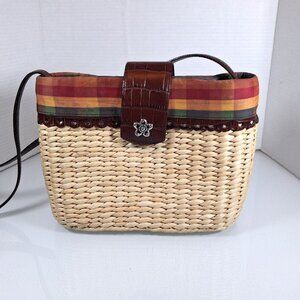 Brighton Natural Woven Straw Madras Plaid Silk Red Croco Embossed Shoulder Bag